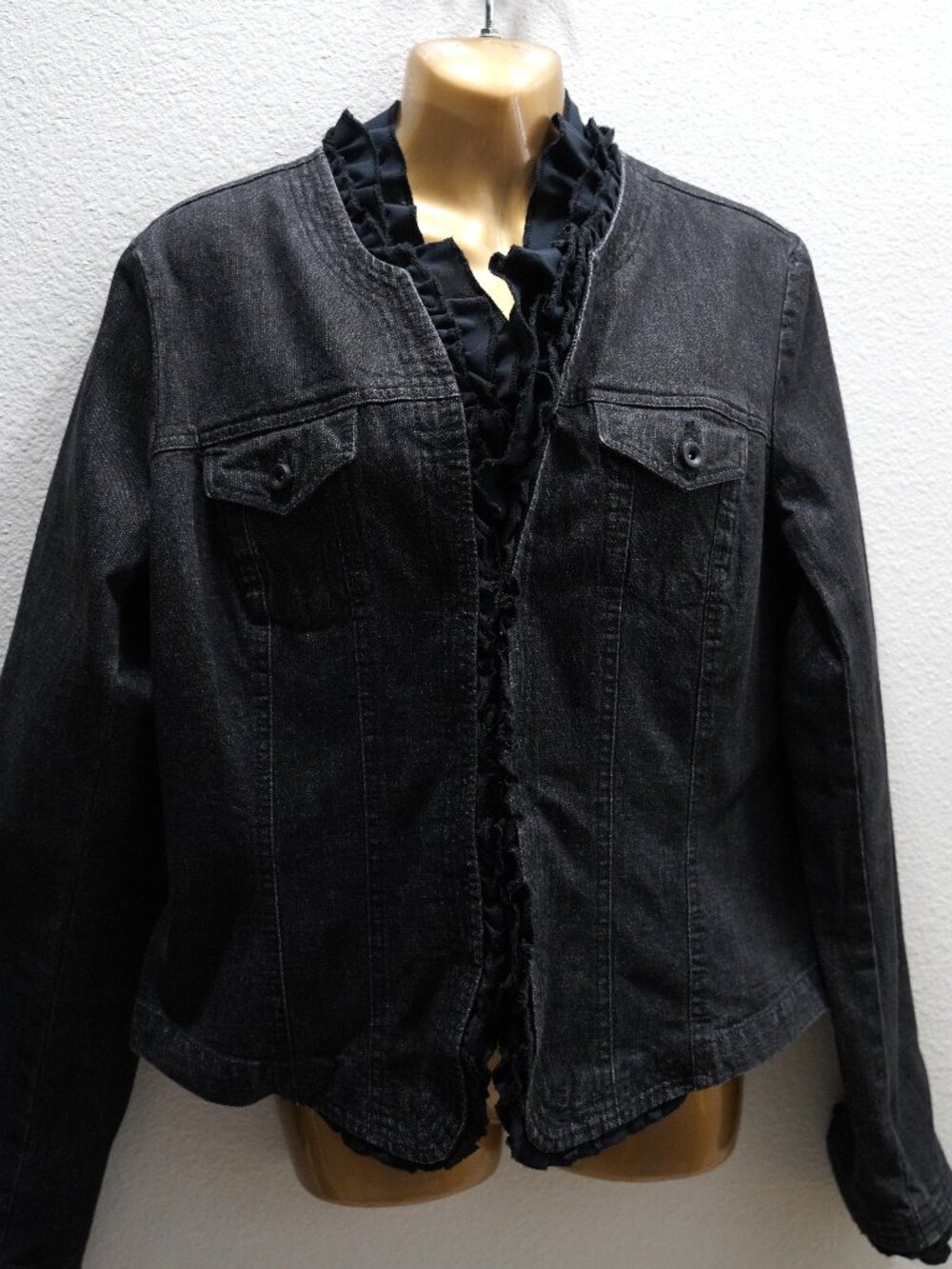 I•N•C International Concepts Ruffled Black Denim Jacket size L